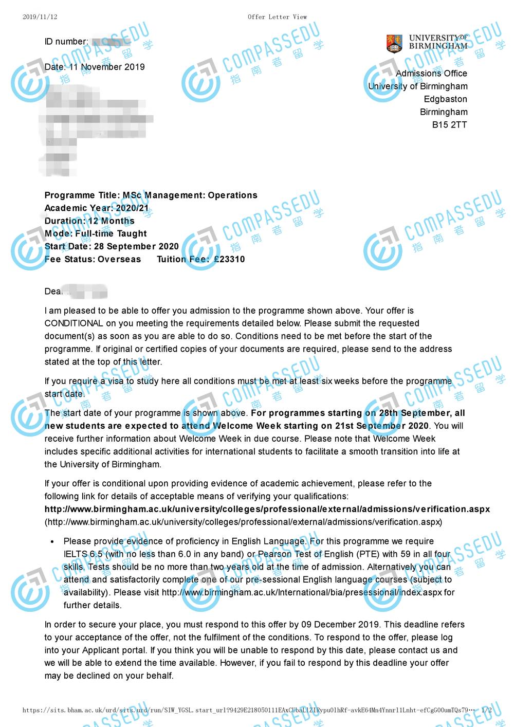 伯明翰大学管理学理学硕士运营方向研究生offer一枚